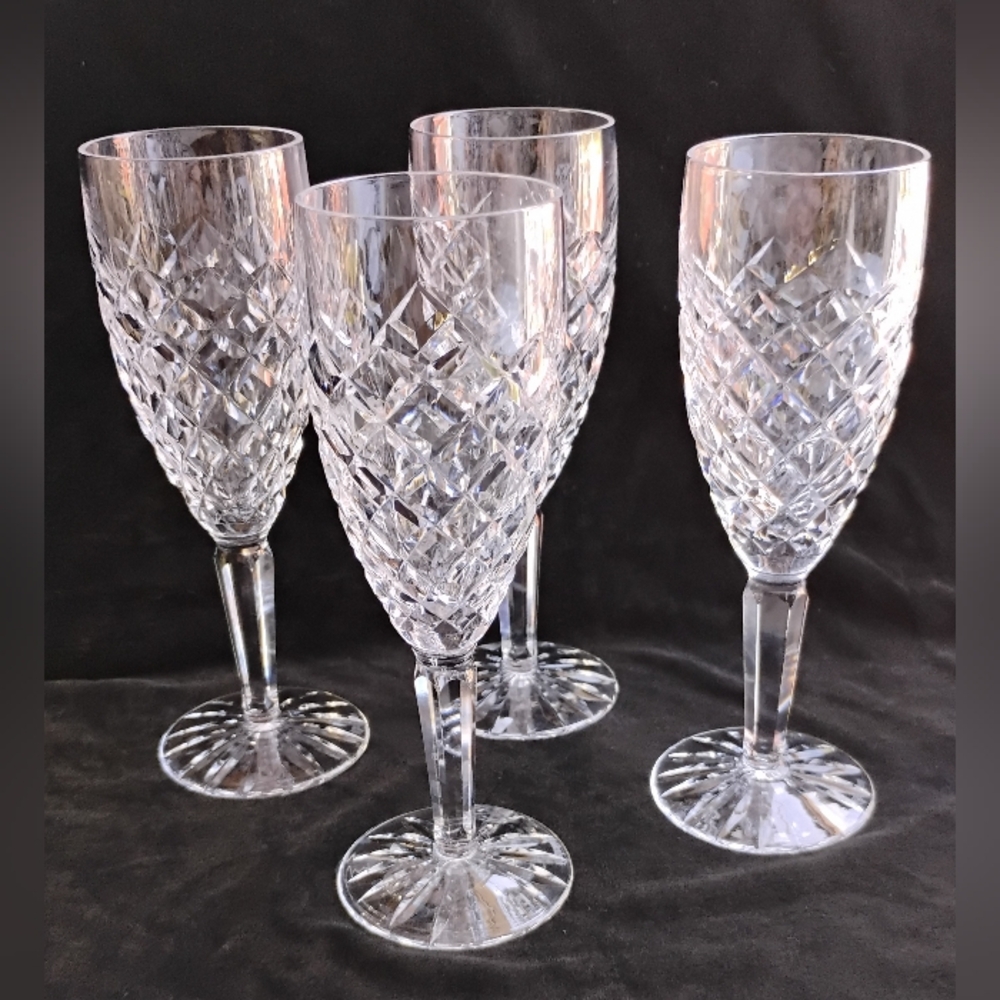 Waterford Crystal Fluted Champagne Glasses Avoca Cut Base Set Of 4